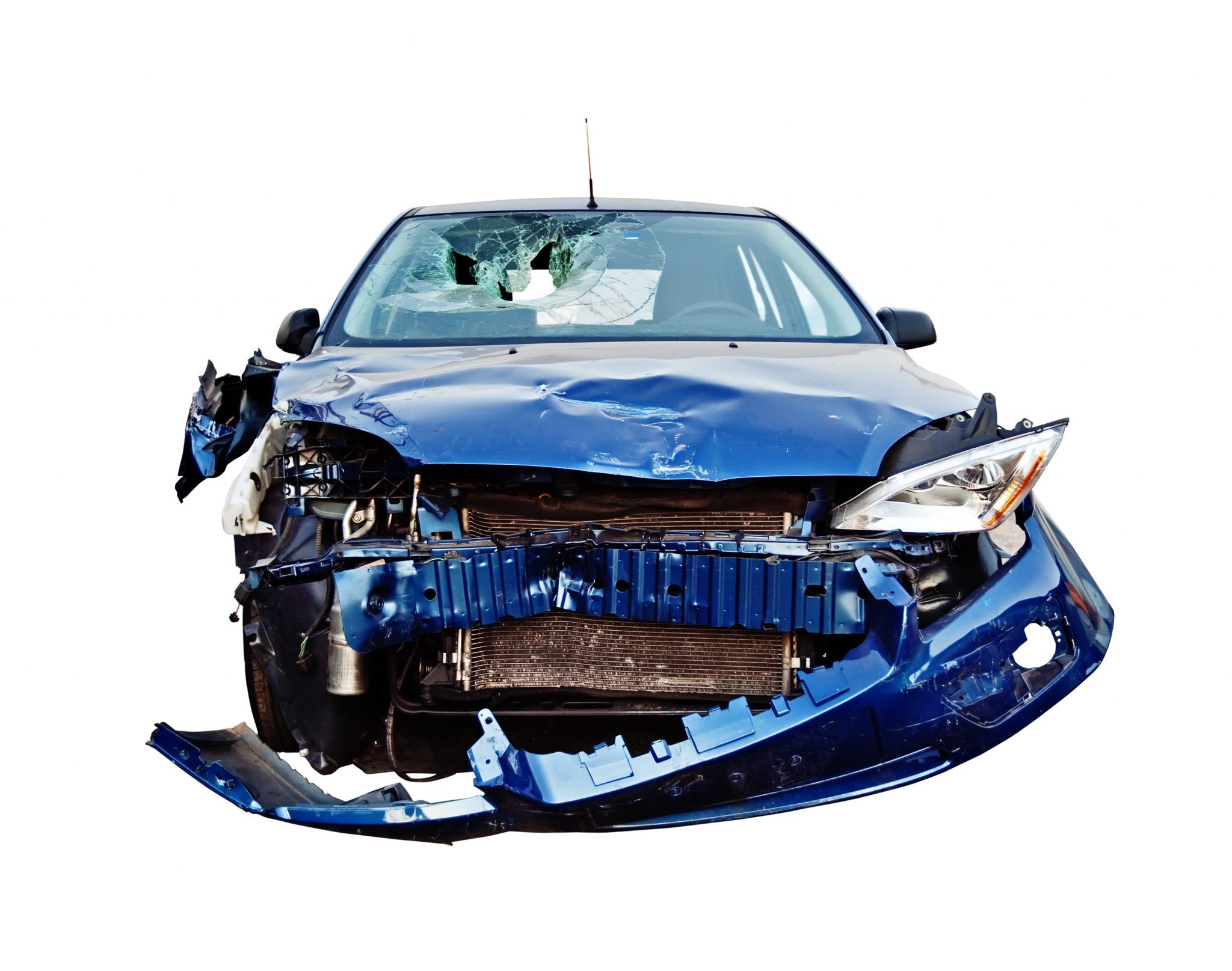 Front view of a crashed car isolated on white.